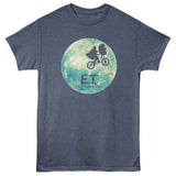 Officially licensed E.T. the Extra-Terrestrial t-shirt featuring moon bicycle silhouette inside circular graphic