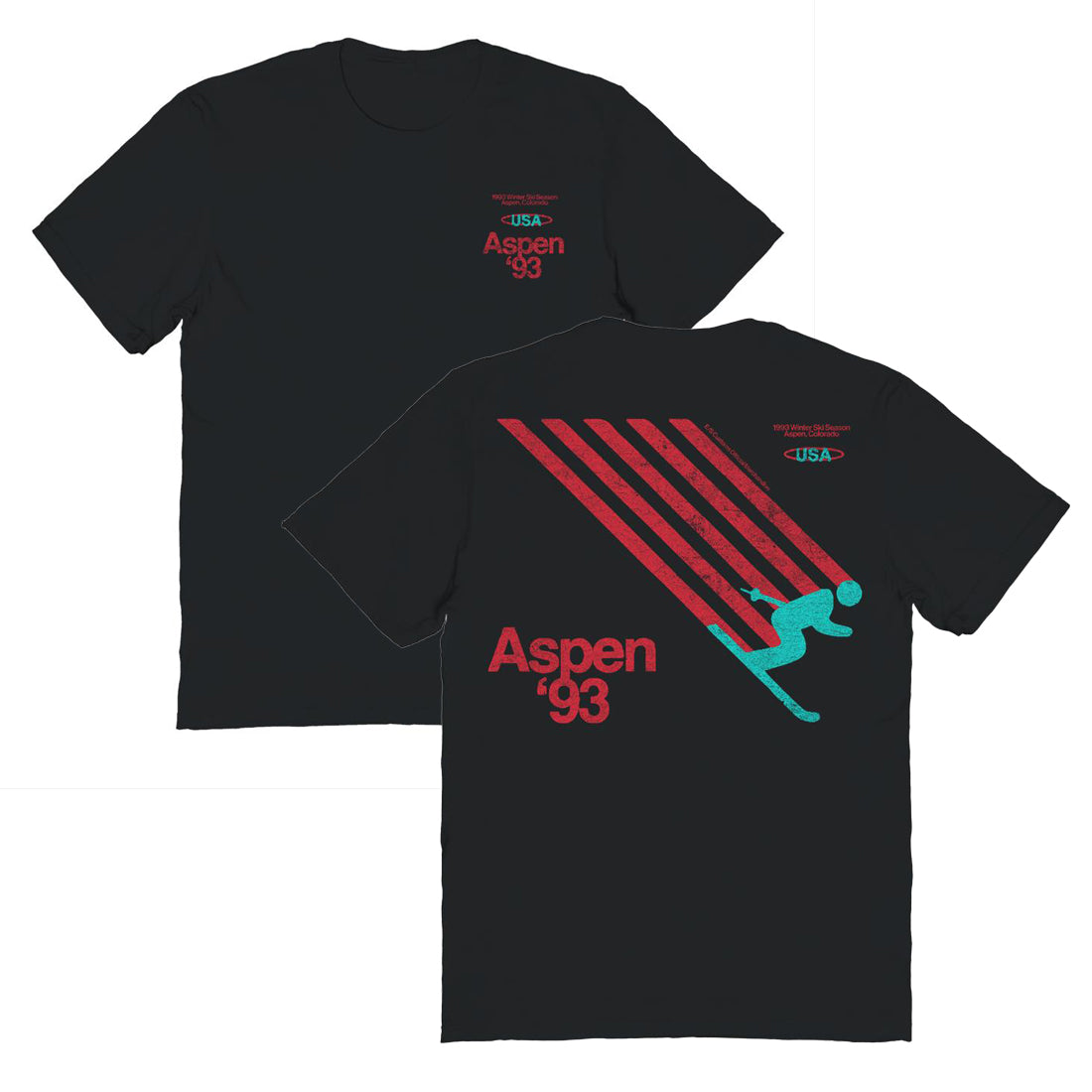 Retro Ski Aspen '93 Front and Back Print Black T-Shirt