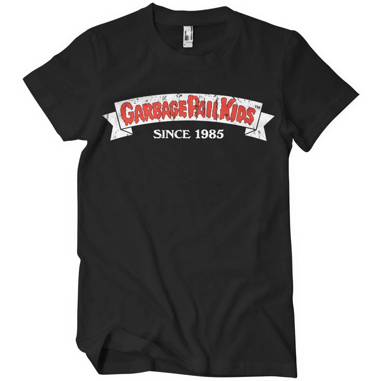 Black t-shirt with 'Garbage Pail Kids Since 1985' graphic on a white background