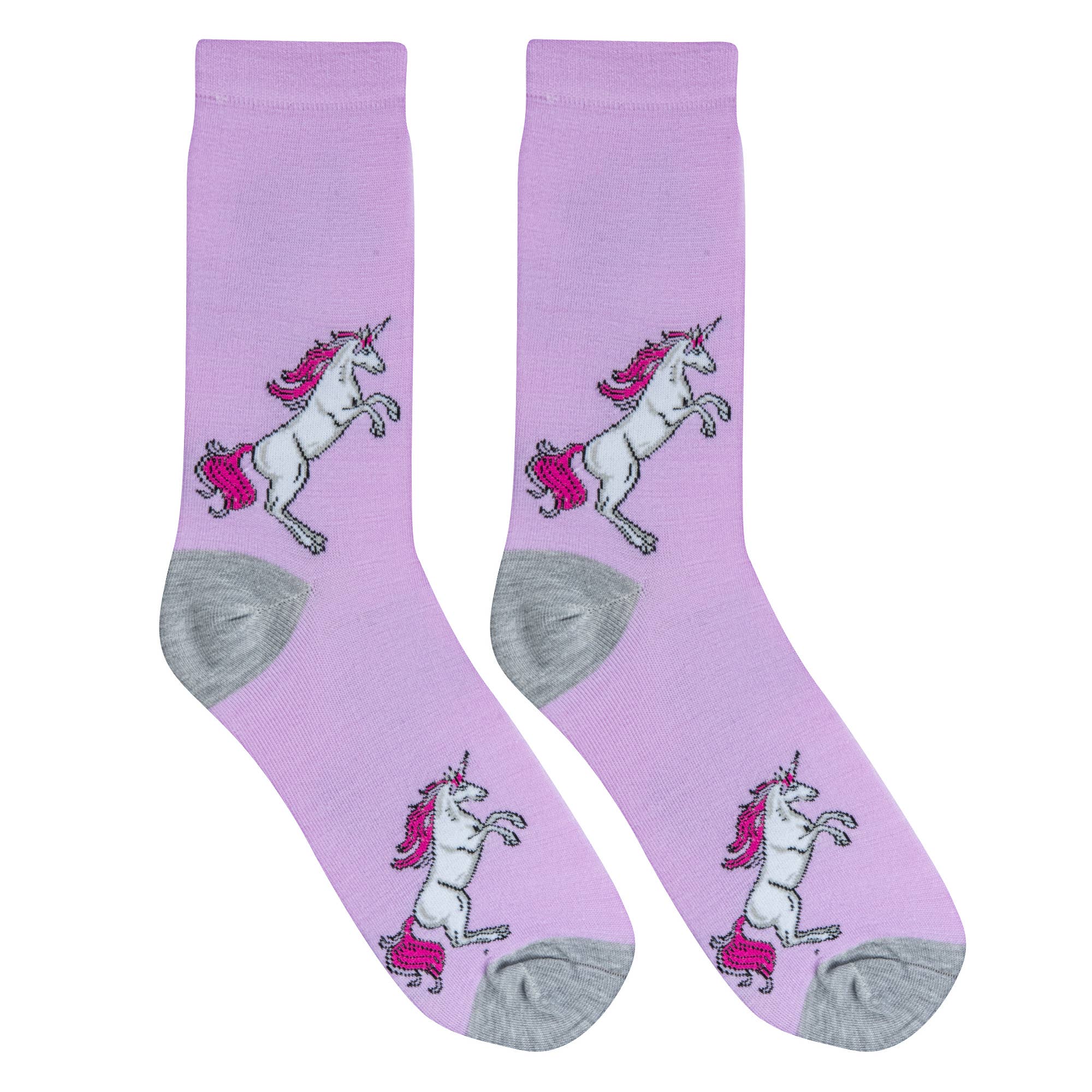 Purple socks with unicorn design on a white background
