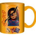 Yellow mug with classic 80s horror character Chucky in ripped packaging