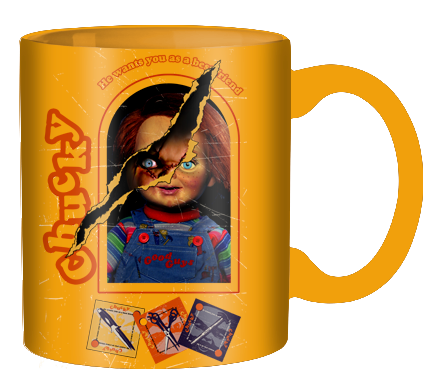 Yellow mug with classic 80s horror character Chucky in ripped packaging