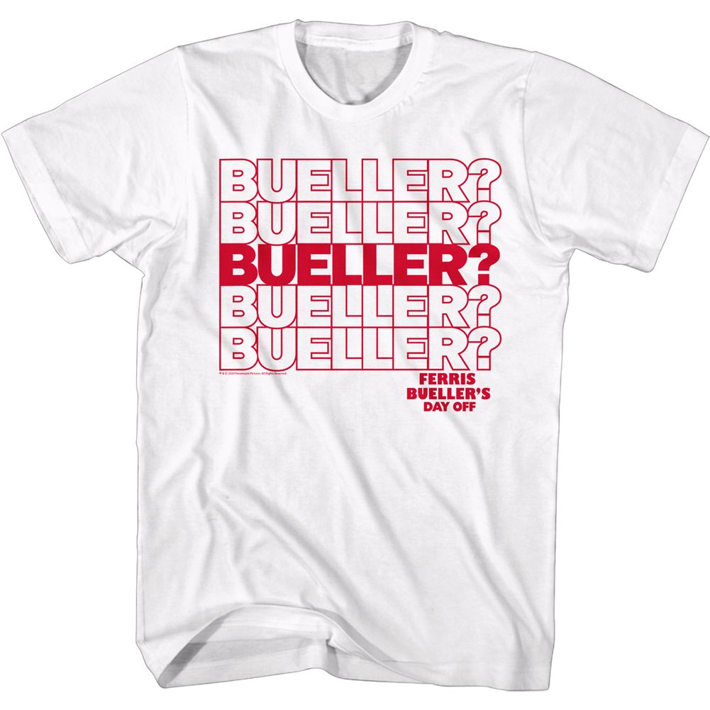White T-shirt featuring repeated “Bueller?” text in red with Ferris Bueller’s Day Off logo.