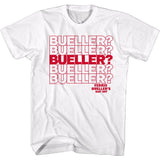 White T-shirt featuring repeated “Bueller?” text in red with Ferris Bueller’s Day Off logo.