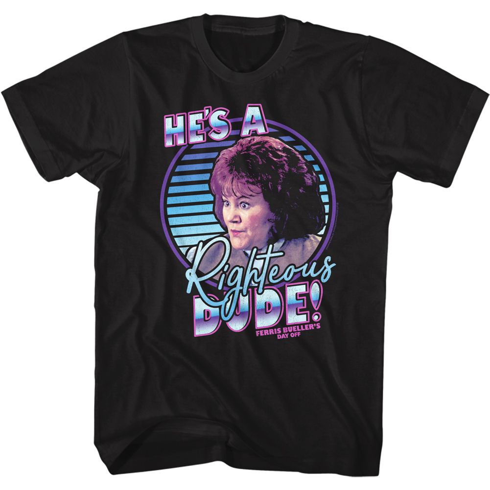 Black T-shirt featuring a neon retro portrait graphic with the quote “He’s a Righteous Dude!” from Ferris Bueller’s Day Off.