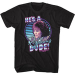 Black T-shirt featuring a neon retro portrait graphic with the quote “He’s a Righteous Dude!” from Ferris Bueller’s Day Off.