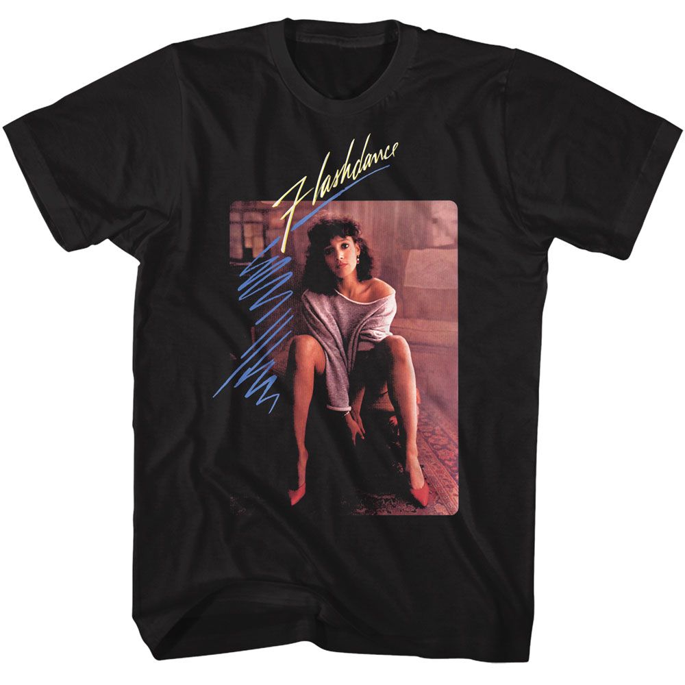 Flashdance T-shirt of the movie poster featuring Alex Owens in an iconic 1980s movie scene with neon retro graphics