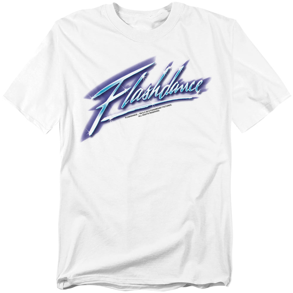 White T-shirt featuring classic Flashdance neon-style logo graphic