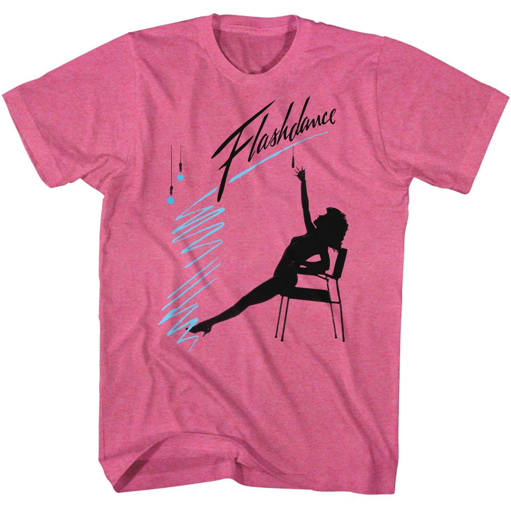 Pink Flashdance T-shirt featuring dancer silhouette on chair with retro graphic accents