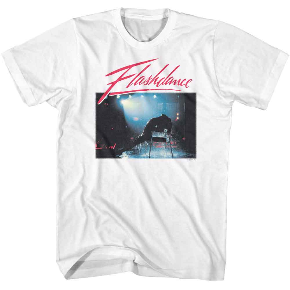 White Flashdance T-shirt featuring iconic water chair scene with red logo