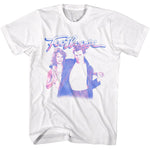 White T-Shirt featuring Kevin Bacon and co-star from Footloose with retro pink and blue graphic styling and the Footloose logo above