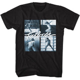 Black T-shirt featuring a four-panel Footloose photo collage with the classic Footloose logo across the center.