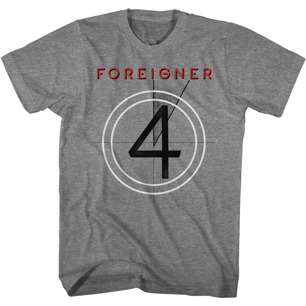 Heather gray Foreigner T-shirt featuring the band name above a large number 4 inside a countdown-style circle graphic.