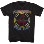 Black Foreigner T-shirt featuring a vintage “4” target-style logo with “Tour 81.82” in blue lettering.