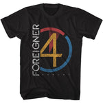 Black Foreigner T-shirt featuring a large distressed number 4 inside a red and blue circular design, with “Foreigner” printed vertically along the side and “Urgent” at the bottom.