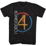 Black Foreigner T-shirt featuring a large distressed number 4 inside a red and blue circular design, with “Foreigner” printed vertically along the side and “Urgent” at the bottom.