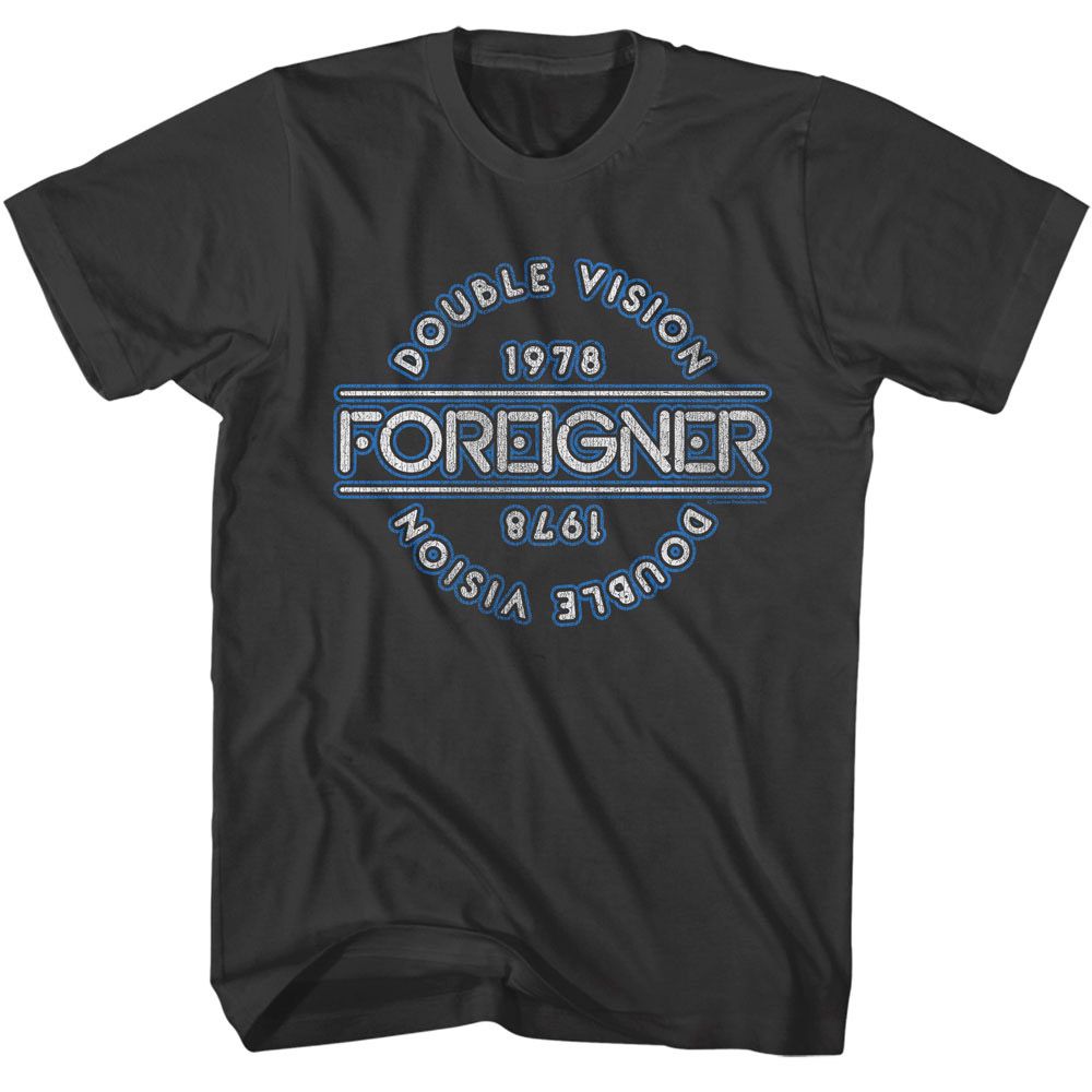 Black Foreigner T-shirt with a vintage circular “Double Vision 1978” design surrounding the Foreigner logo in blue and white.