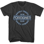 Black Foreigner T-shirt with a vintage circular “Double Vision 1978” design surrounding the Foreigner logo in blue and white.