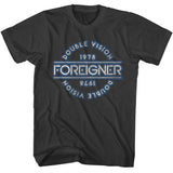 Black Foreigner T-shirt with a vintage circular “Double Vision 1978” design surrounding the Foreigner logo in blue and white.