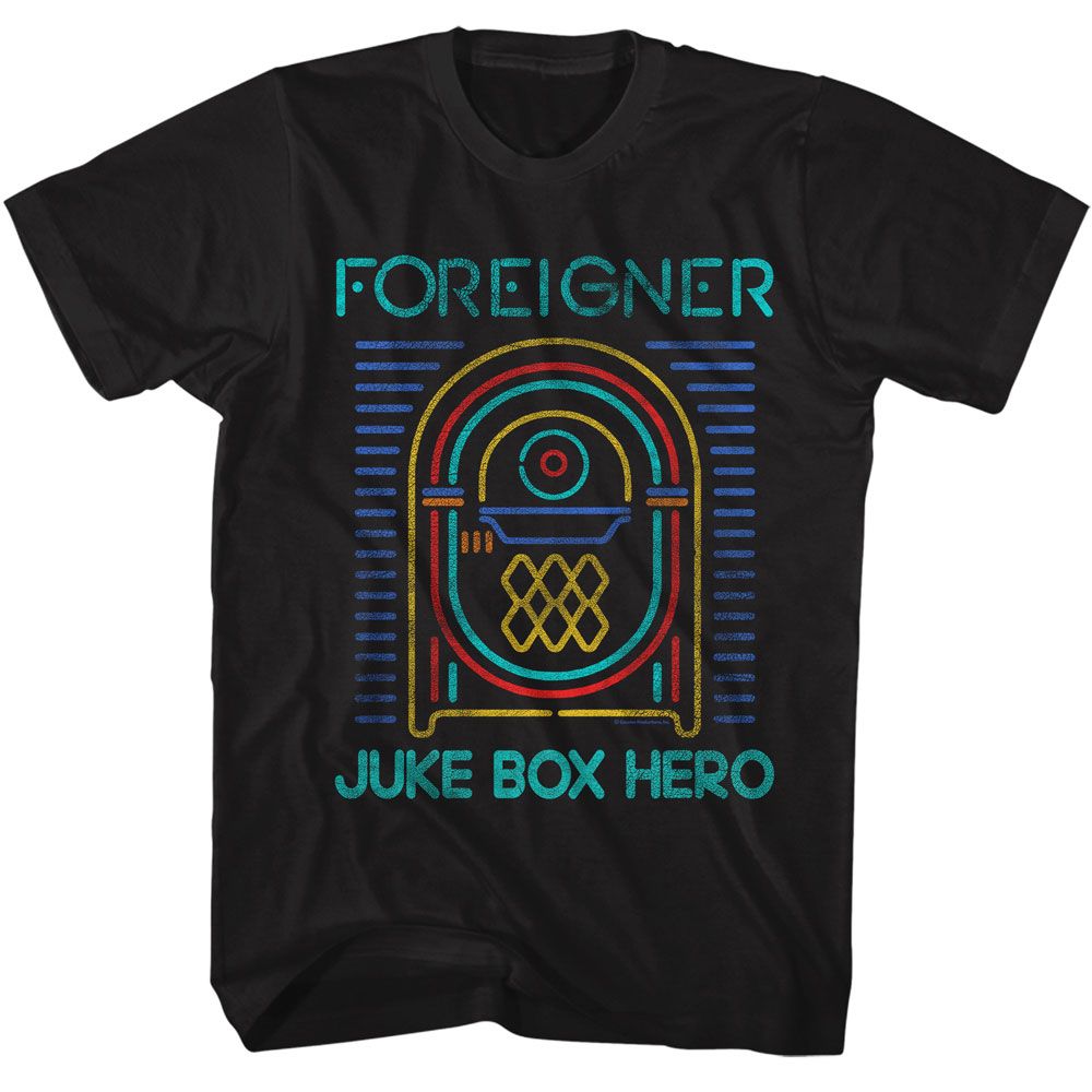 Black Foreigner T-shirt featuring a neon-style jukebox graphic with “Foreigner” at the top and “Juke Box Hero” at the bottom in teal lettering.