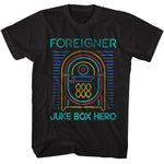 Black Foreigner T-shirt featuring a neon-style jukebox graphic with “Foreigner” at the top and “Juke Box Hero” at the bottom in teal lettering.
