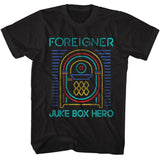 Black Foreigner T-shirt featuring a neon-style jukebox graphic with “Foreigner” at the top and “Juke Box Hero” at the bottom in teal lettering.