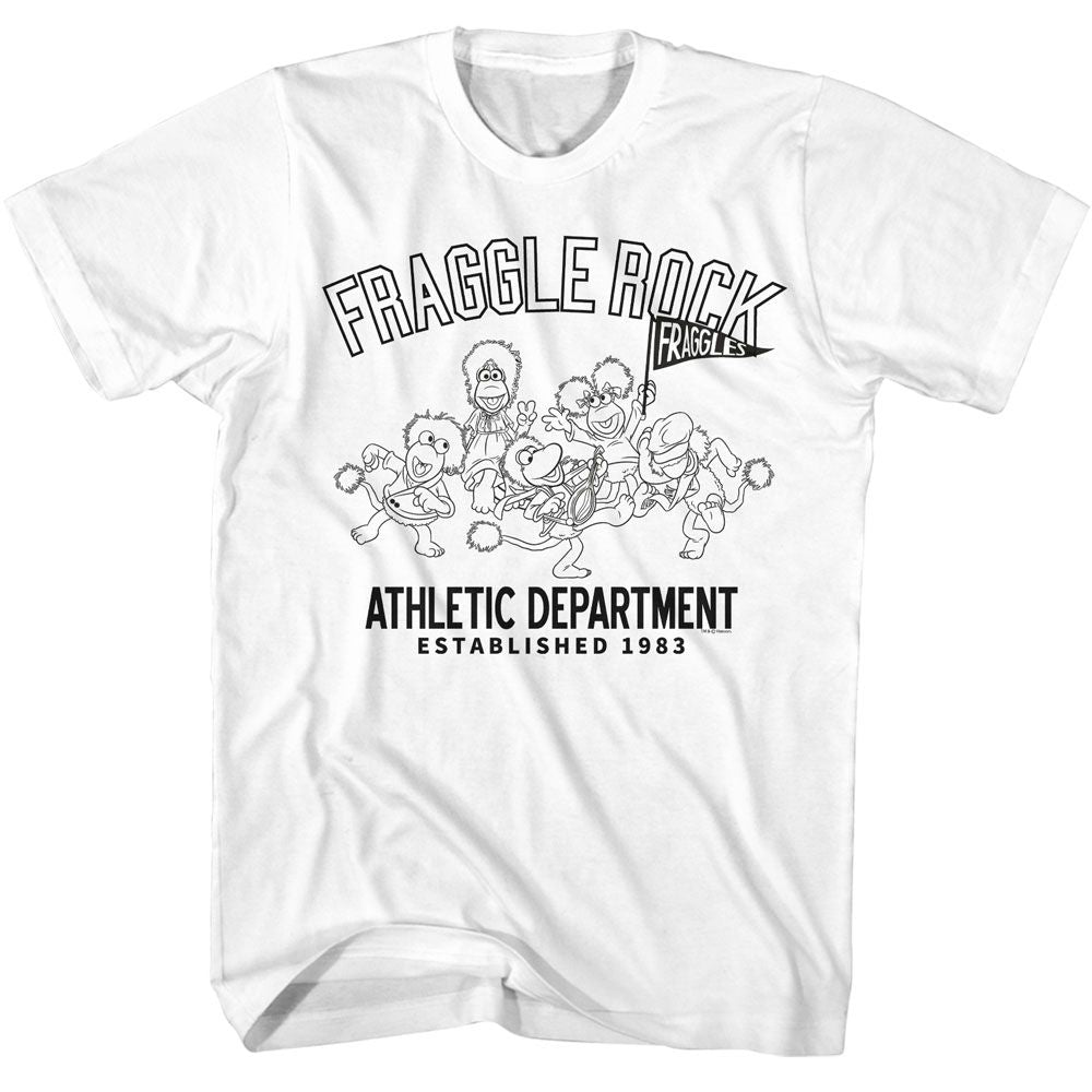 White T-shirt featuring outlined Fraggle Rock characters with “Fraggle Rock Athletic Department Established 1983” text.