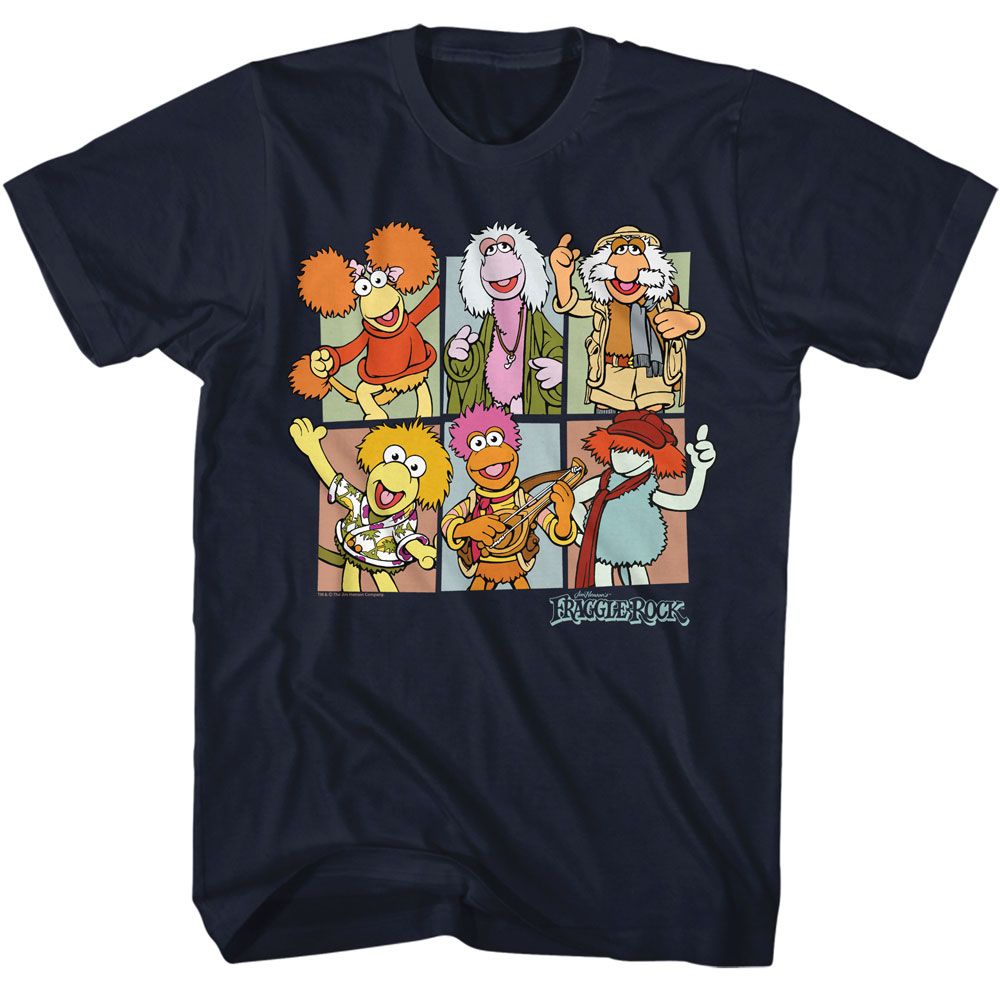 Navy T-shirt featuring a colorful grid of Fraggle Rock characters.