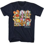 Navy T-shirt featuring a colorful grid of Fraggle Rock characters.