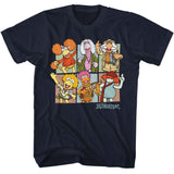 Navy T-shirt featuring a colorful grid of Fraggle Rock characters.