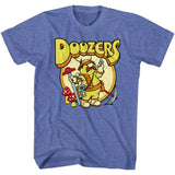 Blue T-shirt featuring a Doozer character from Fraggle Rock holding tools with mushrooms and a retro Doozers logo.