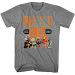 Gray T-shirt featuring the Fraggle Rock characters in a colorful lineup beneath bold orange “Fraggle Rock Est. 1983” text.