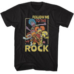 Black T-shirt featuring colorful Fraggle Rock characters with the text “Follow Me to the Rock.”