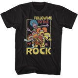 Black T-shirt featuring colorful Fraggle Rock characters with the text “Follow Me to the Rock.”