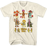 Cream T-shirt featuring a full lineup of Fraggle Rock characters in a colorful illustrated design.