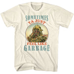 White T-shirt featuring a Fraggle Rock trash heap character with sunglasses and the phrase “Sometimes ya just feel like garbage.”