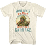 White T-shirt featuring a Fraggle Rock trash heap character with sunglasses and the phrase “Sometimes ya just feel like garbage.”