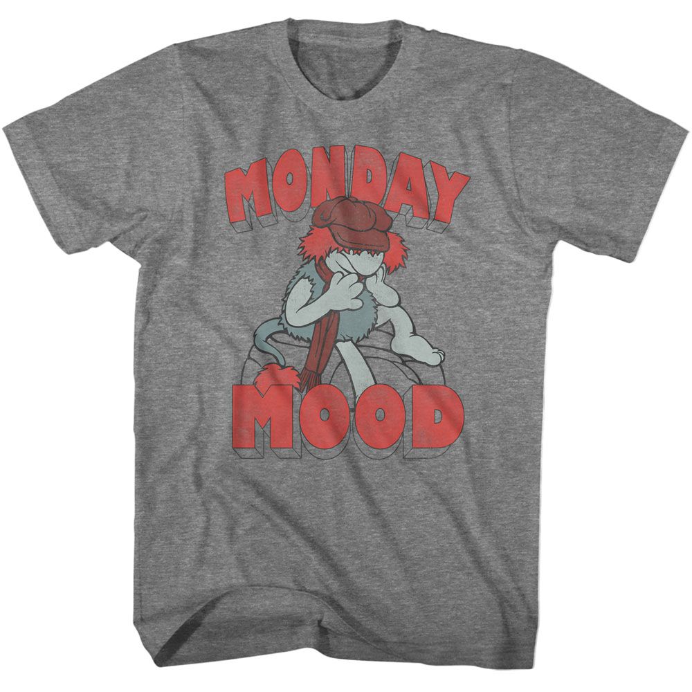 Gray T-shirt featuring a tired Fraggle Rock character slumped over with the words “Monday Mood” in red retro lettering.