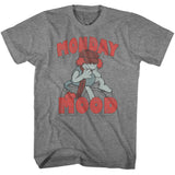 Gray T-shirt featuring a tired Fraggle Rock character slumped over with the words “Monday Mood” in red retro lettering.