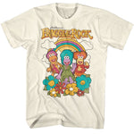 Vintage-style Fraggle Rock T-shirt featuring three Fraggles with a rainbow and colorful flowers.