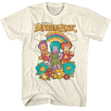 Vintage-style Fraggle Rock T-shirt featuring three Fraggles with a rainbow and colorful flowers.