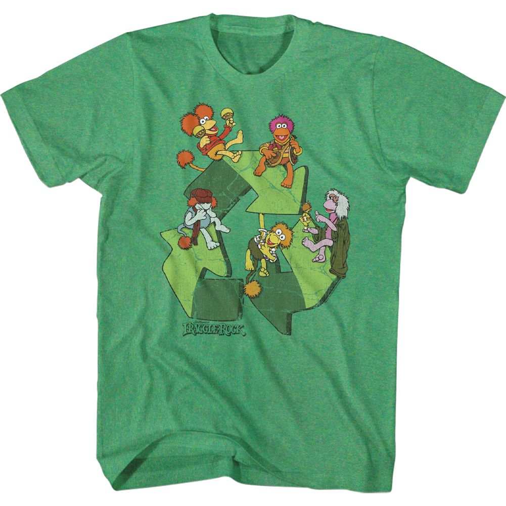 Fraggle Rock characters on recycle symbol T-shirt with colorful vintage cartoon design