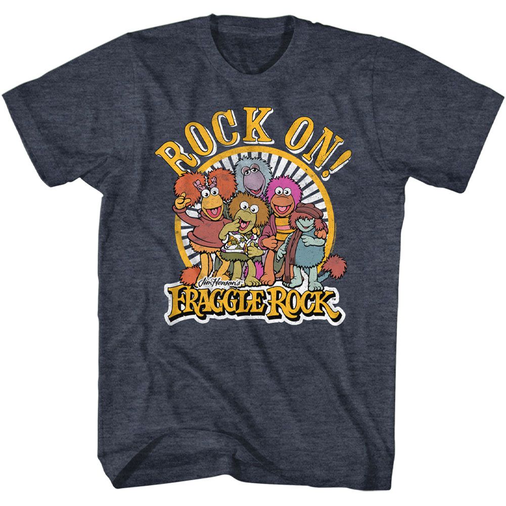 Charcoal T-shirt featuring the Fraggle Rock characters with a retro “Rock On!” design and sunburst background.