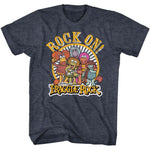 Charcoal T-shirt featuring the Fraggle Rock characters with a retro “Rock On!” design and sunburst background.