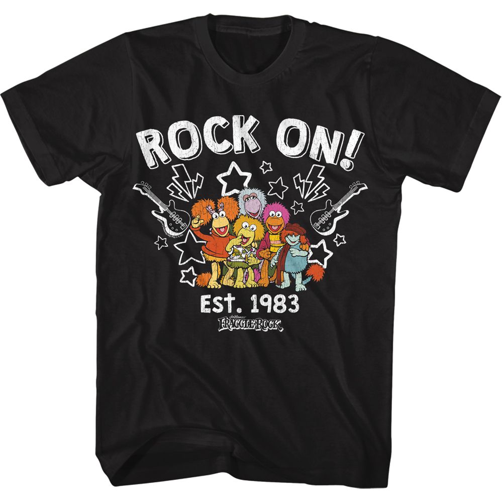 Black Fraggle Rock T-shirt featuring the main Fraggle characters with guitars, stars, and “Rock On! Est. 1983” text.