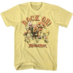 Vintage yellow T-shirt featuring Fraggle Rock characters with the phrase “Rock On!”