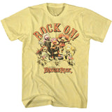 Vintage yellow T-shirt featuring Fraggle Rock characters with the phrase “Rock On!”