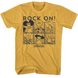 Yellow T-shirt featuring a navy blue grid of Fraggle Rock characters with the text “Rock On!”