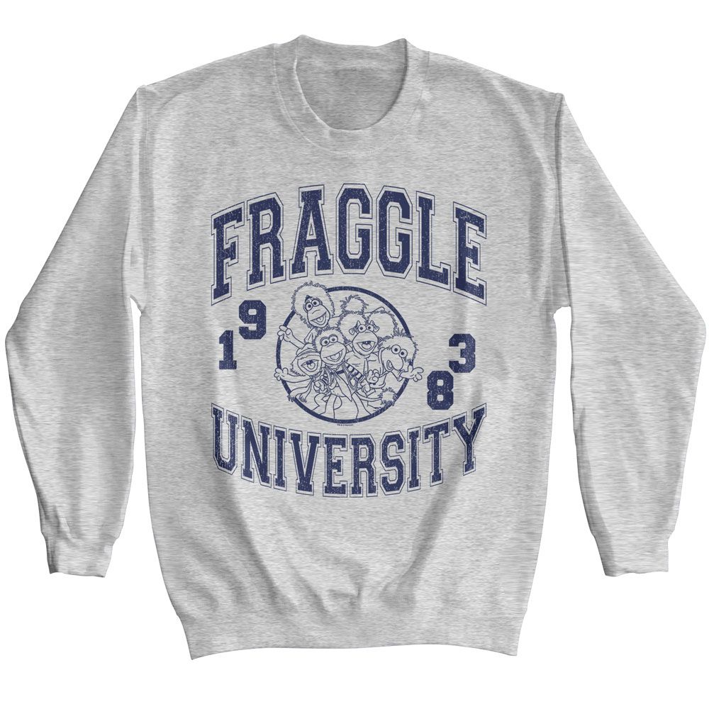 Gray crewneck sweatshirt featuring a navy collegiate-style “Fraggle University 1983” design with the Fraggle Rock characters in a circular crest.