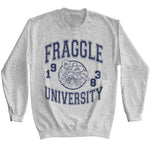Gray crewneck sweatshirt featuring a navy collegiate-style “Fraggle University 1983” design with the Fraggle Rock characters in a circular crest.